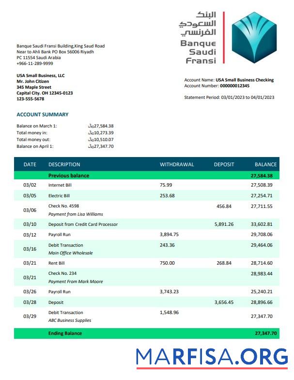Professionell Banque Saudi Fransi Unternehmen checking Konto Kontoauszug Word and PDF Vorlage