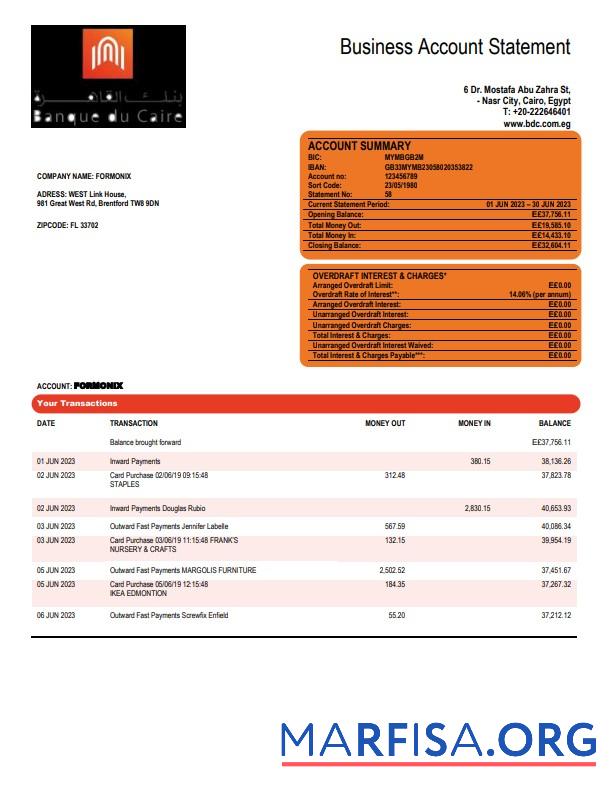 Bearbeitbar Banque du Caire Unternehmen Konto Kontoauszug Word and PDF Vorlage