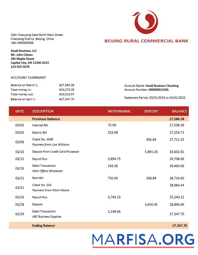 Professionell Beijing Rural Kommerziell Bank Unternehmen Kontoauszug Word and PDF Vorlage