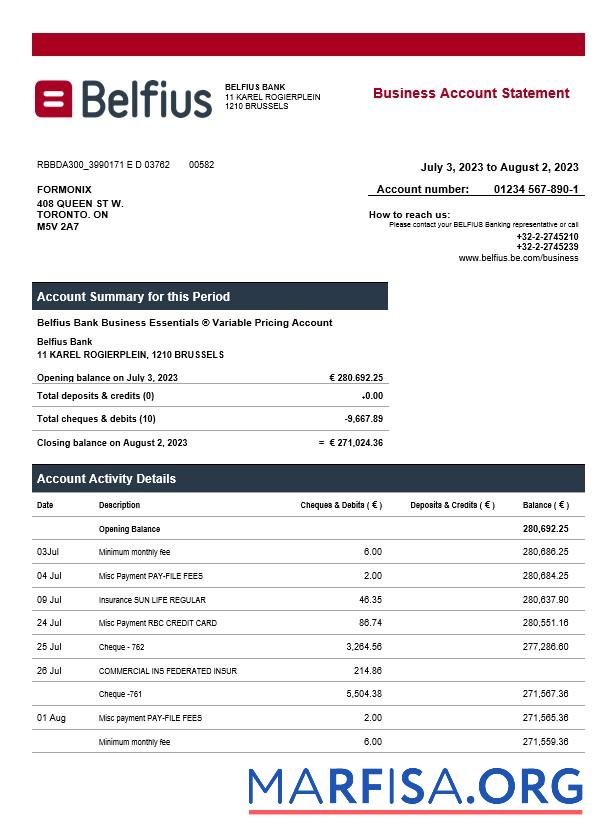 Realistisch Belfius Bank enterprise Kontoauszug Word and PDF Vorlage