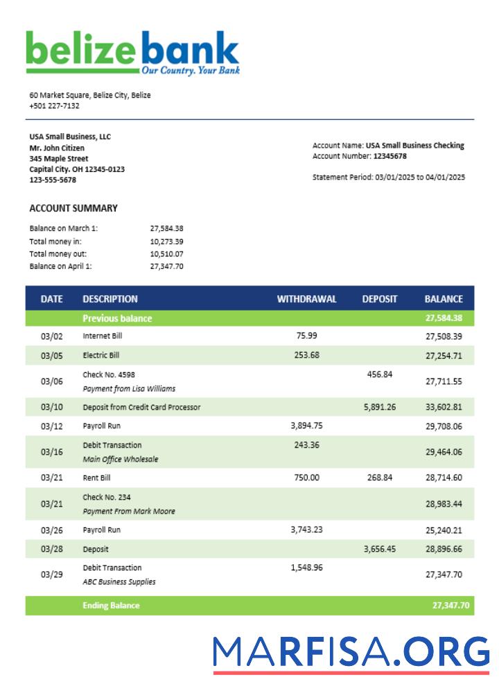 Professionell Belizean Bank Unternehmen checking Konto Kontoauszug Word and PDF Vorlage