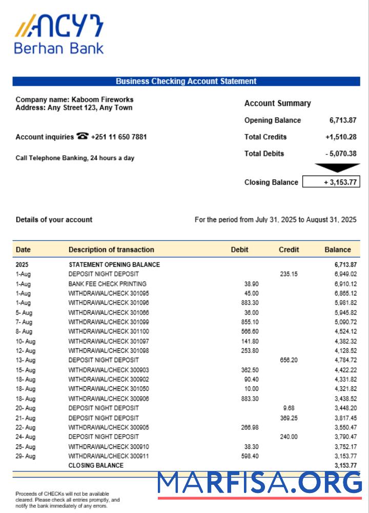 Berhan Bank Geschäft firm Konto Kontoauszug Word snd PDF Format Probe