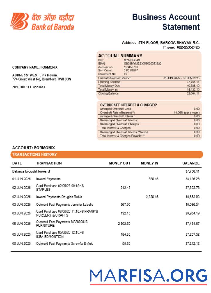 Professionell Bob Bank of Boroda Bank organization checking Konto Kontoauszug Word and PDF Vorlage