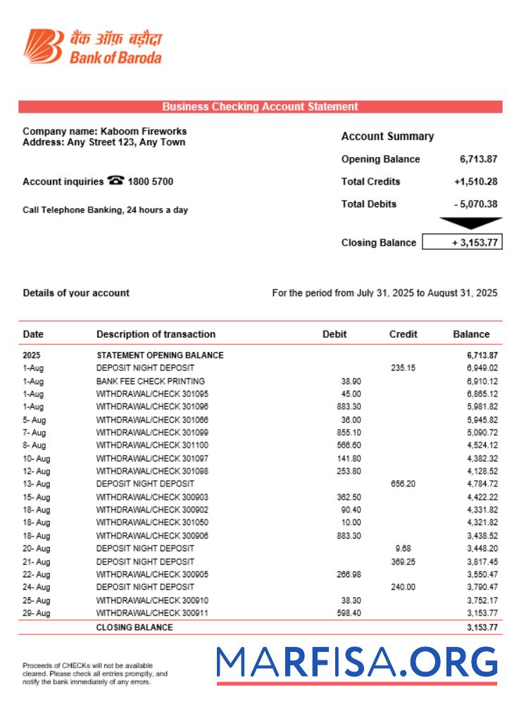 Professionell Bob Bank of Boroda firm Konto Kontoauszug Word and PDF Vorlage