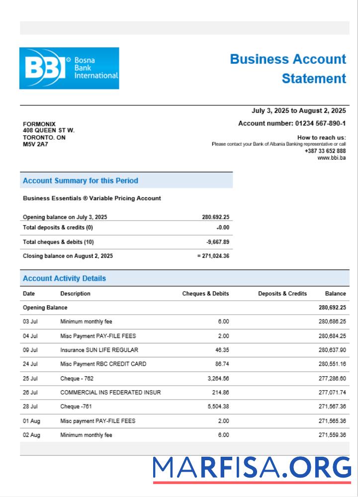 Bosna Bank firm Konto Kontoauszug Word and PDF Format Vorlage