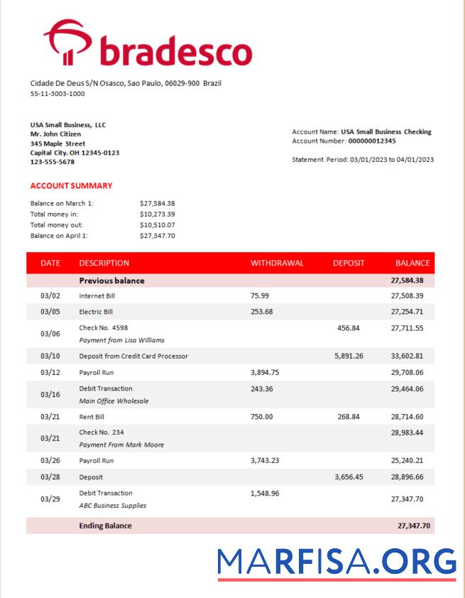 Hohe Qualität Bradesco Bank corporate Konto Kontoauszug Word and PDF Vorlage