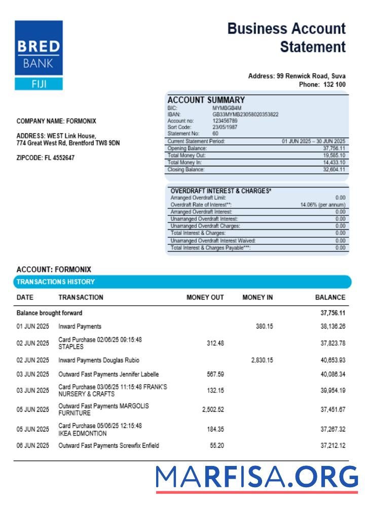 Bred Bank firm Konto Kontoauszug Word and PDF Format Probe