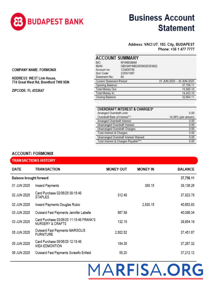 Budapest Bank ΓÇô Szolnoki Fio╠ük Geschäft firm Konto Bank Kontoauszug Word and PDF Format Mockup