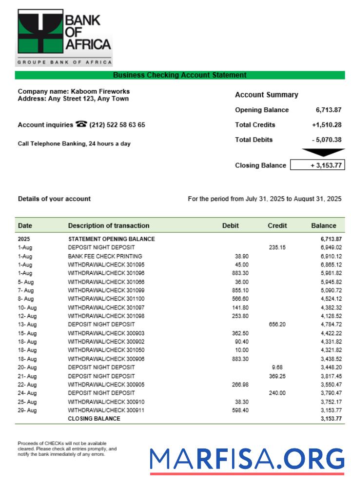 Burundi Bank of Africa Bank organization checking Konto Kontoauszug Word and PDF Format Vorschau