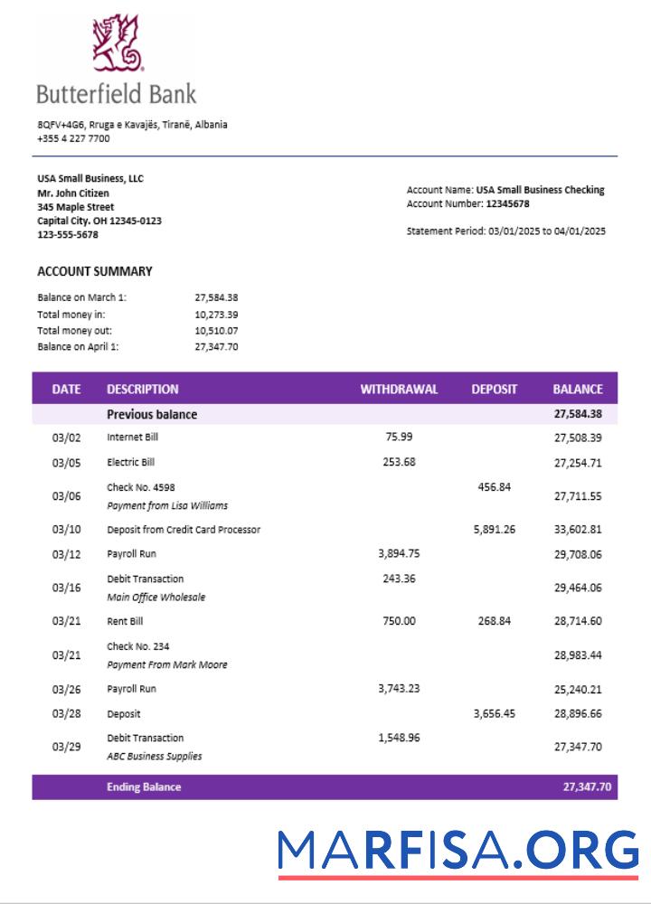 Butterfield Bank organization checking Konto Kontoauszug Word and PDF Format Vorschau
