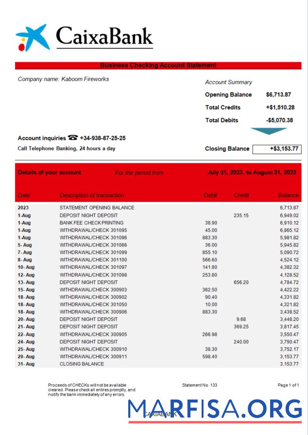 Bearbeitbar CAIXABANK Unternehmen Bank Kontoauszug Word and PDF Vorlage
