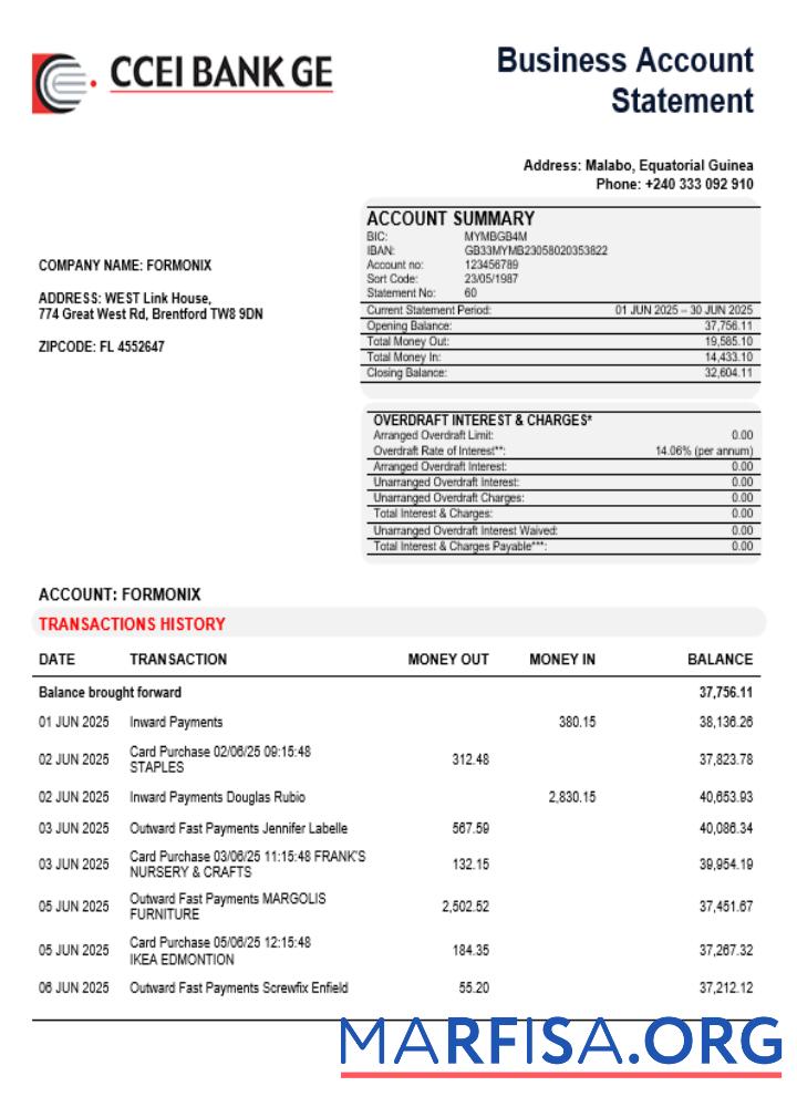 CCEI Bank Geschäft Unternehmen Konto Kontoauszug Word and PDF Format Vorlage