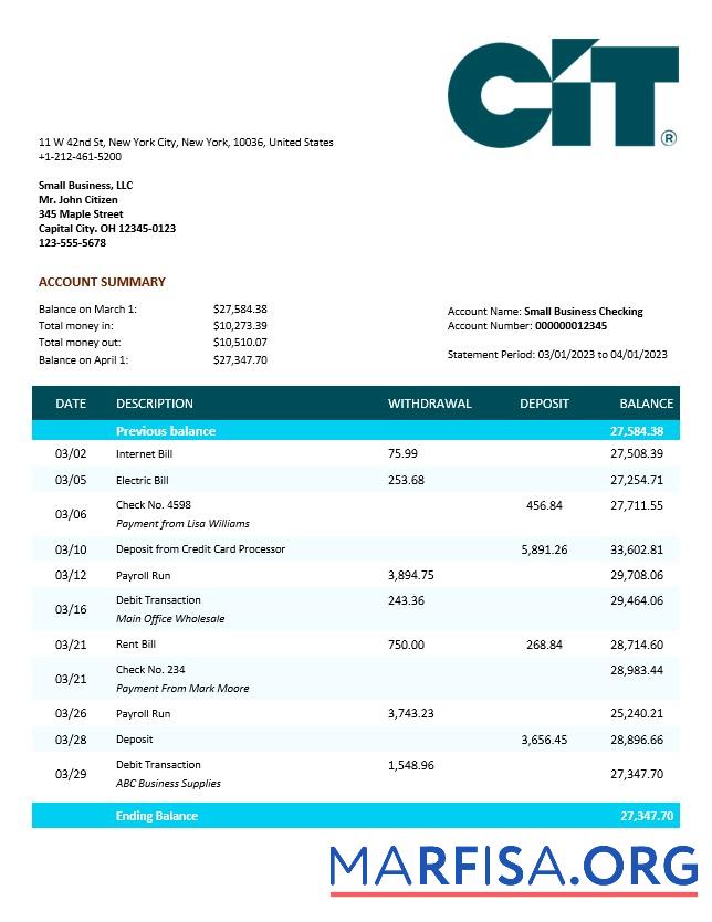 Professionell CIT Bank Geschäft checking Konto Kontoauszug Word and PDF Vorlage