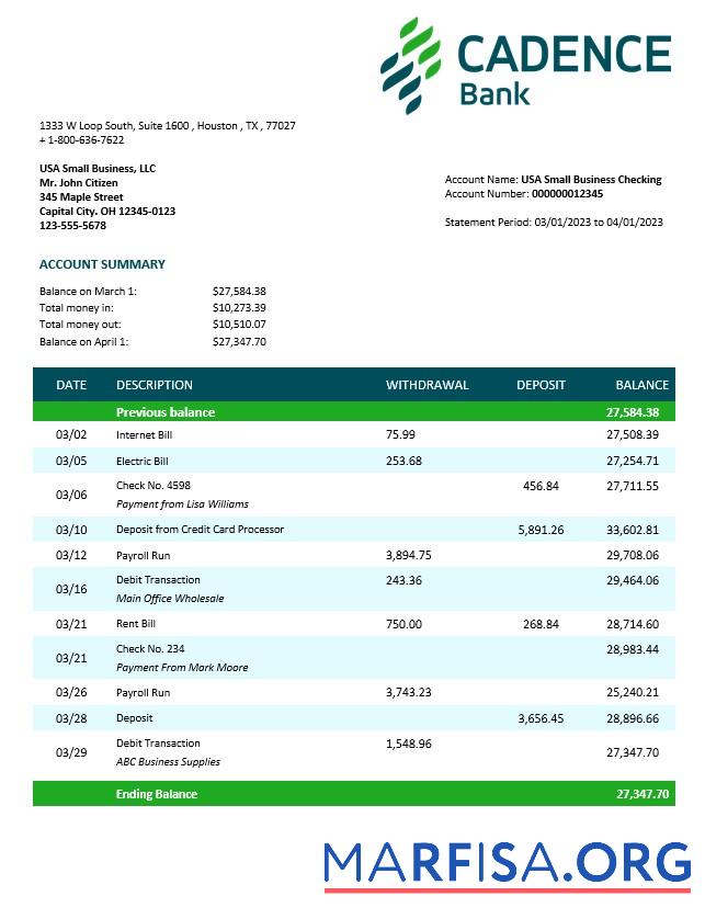 Hohe Qualität Cadence Bank corporate checking Konto Kontoauszug Word and PDF Vorlage