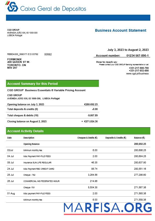 Bearbeitbar Caixa Geral de Depo╠üsitos Geschäft Bank Kontoauszug Word and PDF Vorlage