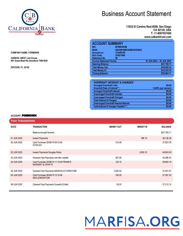 Hohe Qualität California Bank & Trust organization checking Konto Kontoauszug Word and PDF Vorlage