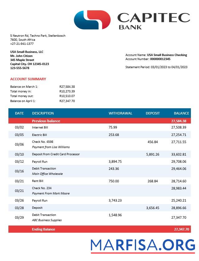 Hohe Qualität Capitec Bank firm Konto Kontoauszug Word and PDF Vorlage