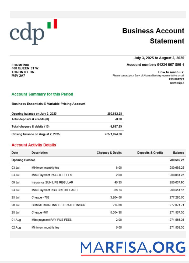 Cassa Depositi e Prestiti Geschäft firm Kontoauszug Word and PDF Format Probe