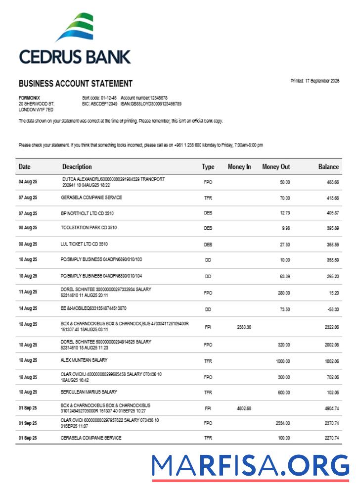 Cedrus Bank Geschäft firm Kontoauszug Word and PDF Format (1) Design