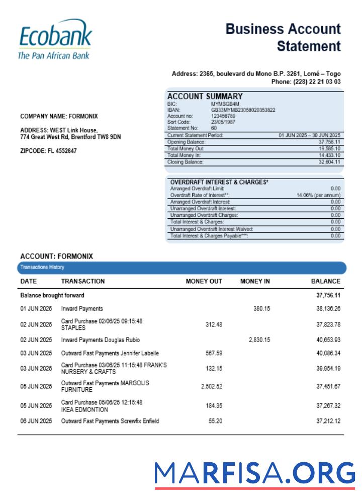 Central African Ecobank Geschäft Bank organization Konto Kontoauszug Word and PDF Format Design