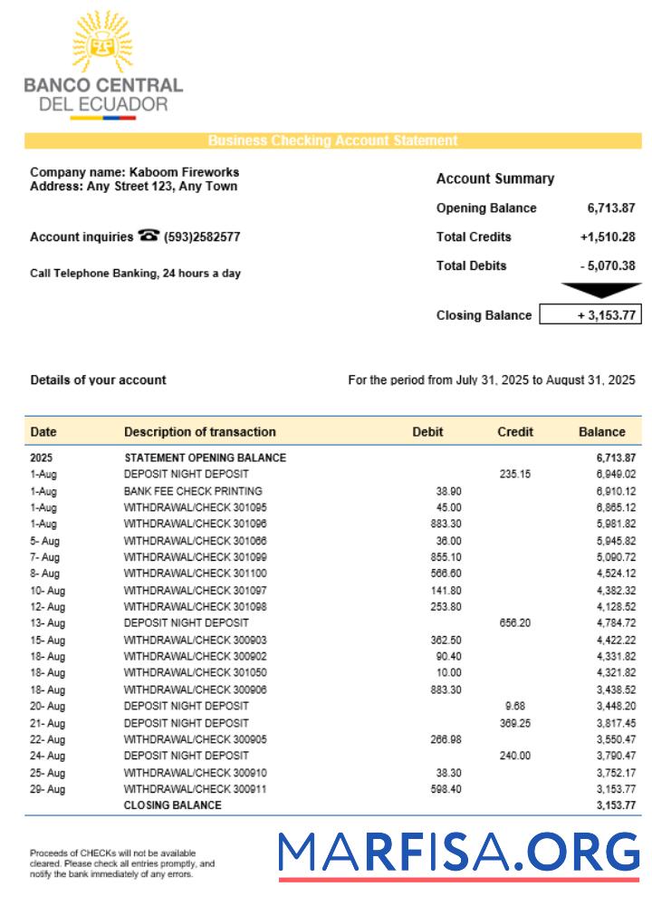 Central Bank of Ecuadorian organization checking Konto Kontoauszug Word and PDF Format Design