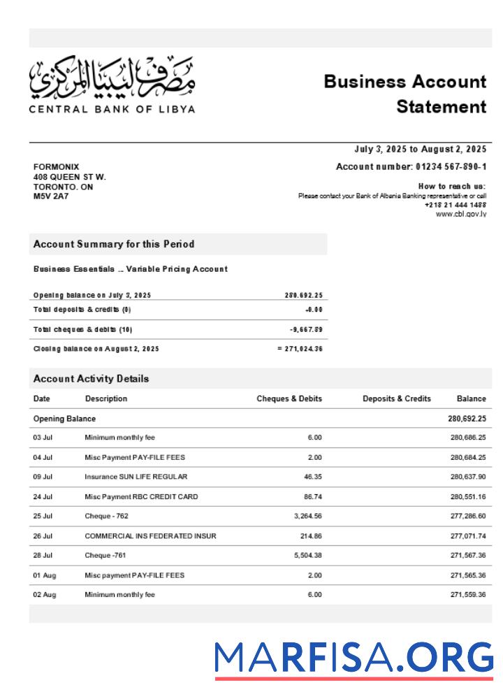 Central Bank of Libyen Geschäft firm Kontoauszug Word and PDF Format (1) Design
