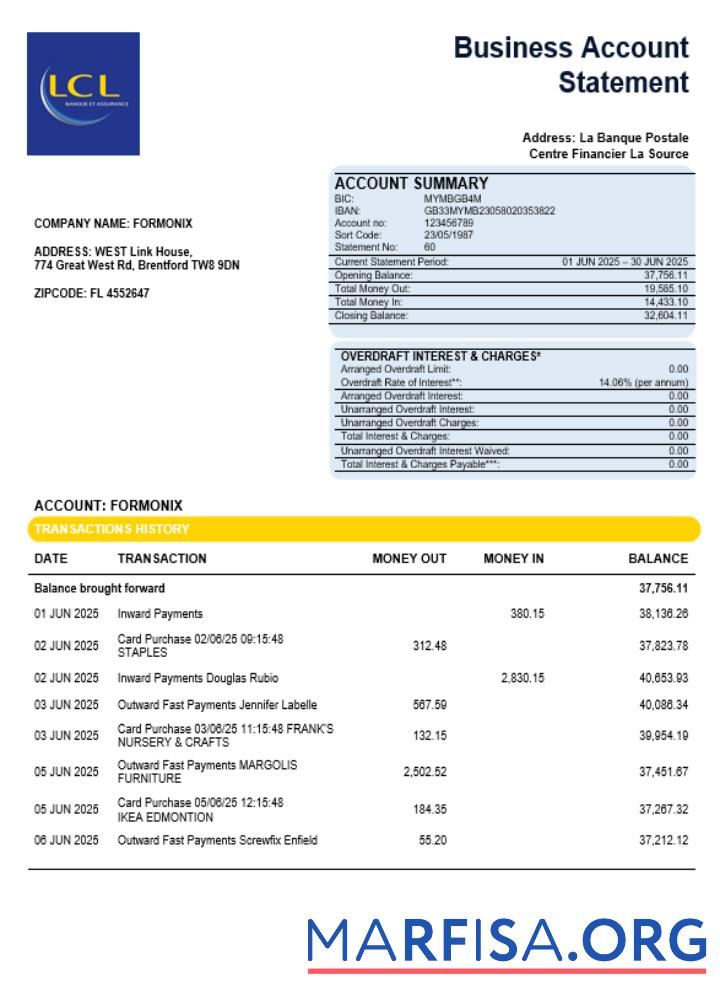 Centre National des Che╠Çques Postaux Unternehmen Kontoauszug Word and PDF Format Vorlage