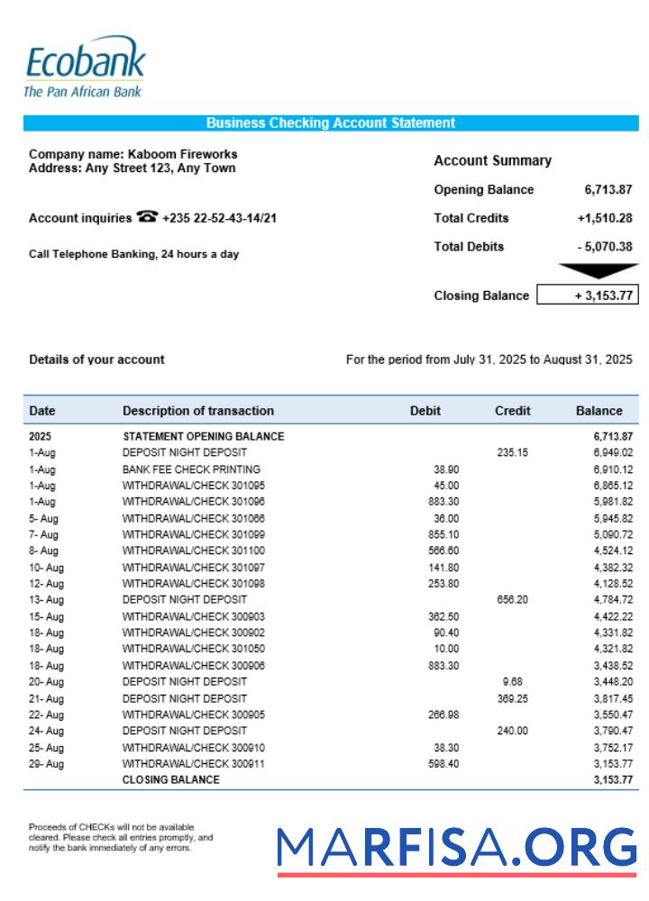 Realistisch Tschad Ecobank organization checking Konto Kontoauszug Word and PDF Vorlage