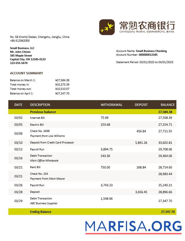 Realistisch Changshu Rural Kommerziell Bank firm Konto Kontoauszug Word and PDF Vorlage