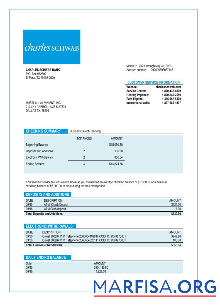 Premium Charles Schwab Geschäft Bank Kontoauszug Word and PDF Vorlage