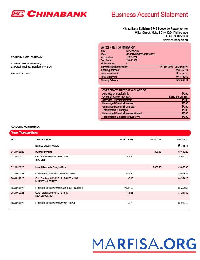Premium China Banking Corporation Unternehmen Konto Kontoauszug Word and PDF Vorlage