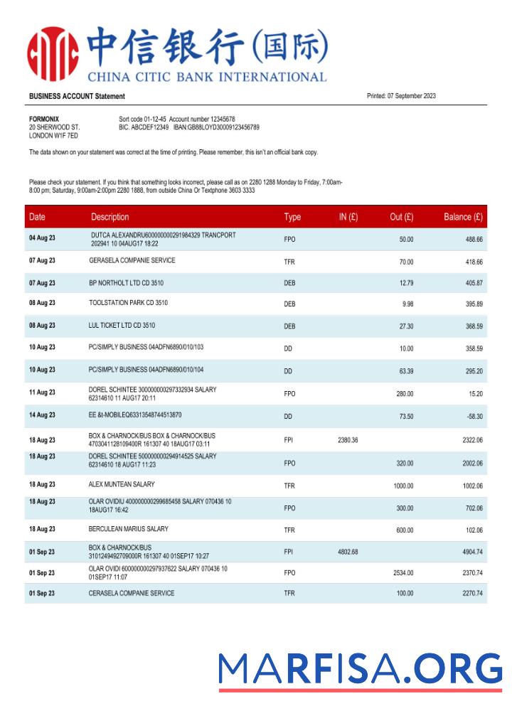 Professionell China Citic Bank corporate Konto Kontoauszug Word and PDF Vorlage