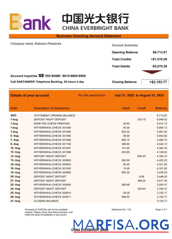 Professionell China Everbright Bank firm Konto Kontoauszug Word and PDF Vorlage
