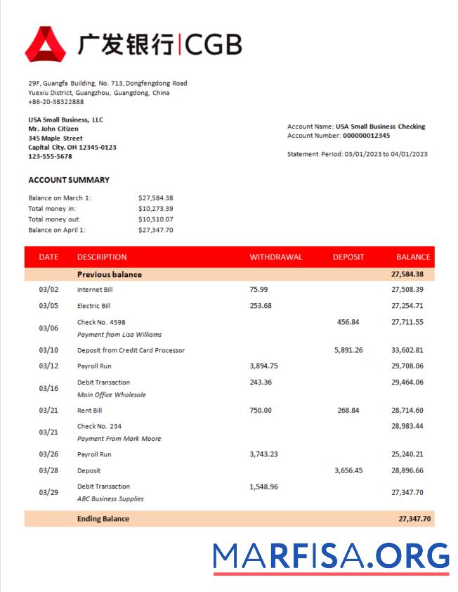 Hohe Qualität China Guangfa Bank Unternehmen Kontoauszug Word and PDF Vorlage