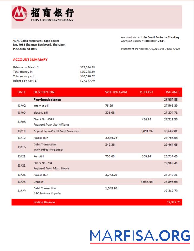 Bearbeitbar China Merchants Bank firm Konto Kontoauszug Word and PDF Vorlage