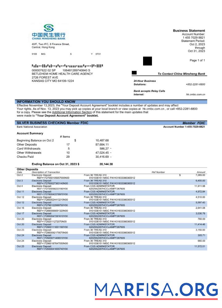 Hohe Qualität China Minsheng Bank firm Konto Kontoauszug Word and PDF Vorlage
