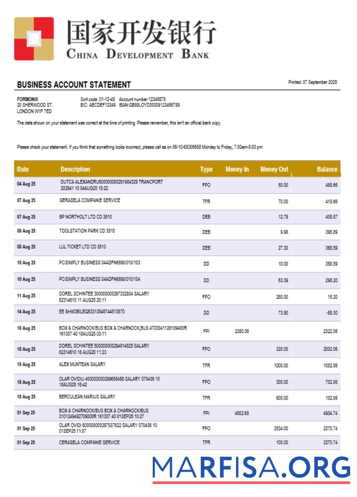 Chinese Development Bank Konto Geschäft Kontoauszug Word and PDF Format Probe