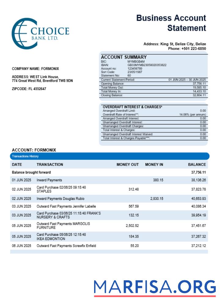 Choice Bank Geschäft firm Kontoauszug Word and PDF Format Vorlage