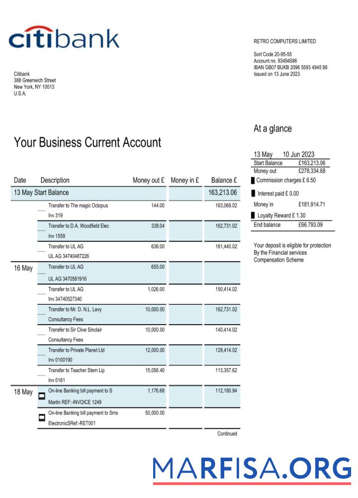 Bearbeitbar Citibank Bank Geschäft Konto Kontoauszug Word and PDF Vorlage