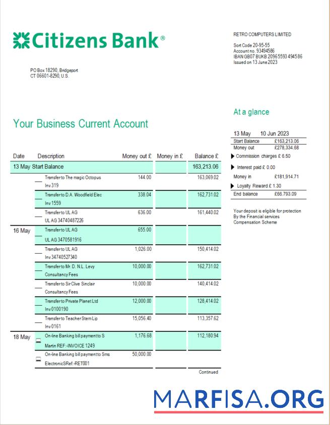 Professionell Citizens Bank firm Kontoauszug Word and PDF Vorlage
