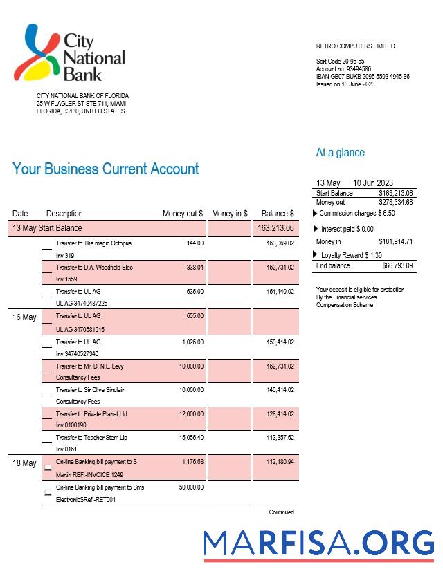 Premium City National Bank of Florida firm Konto Kontoauszug Word and PDF Vorlage