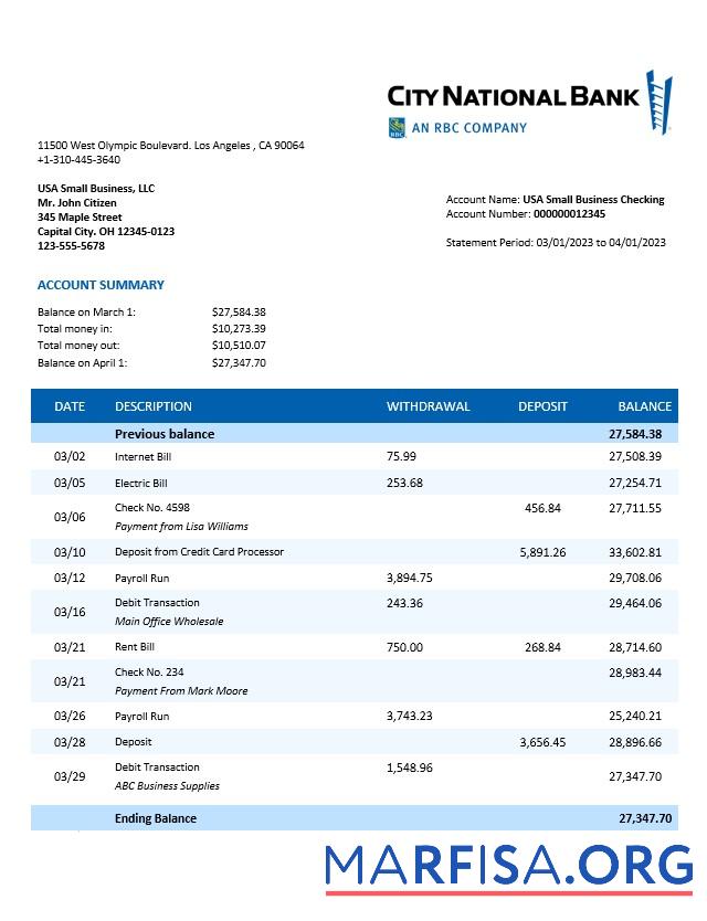 Hohe Qualität City National Bank organization Kontoauszug Word and PDF Vorlage