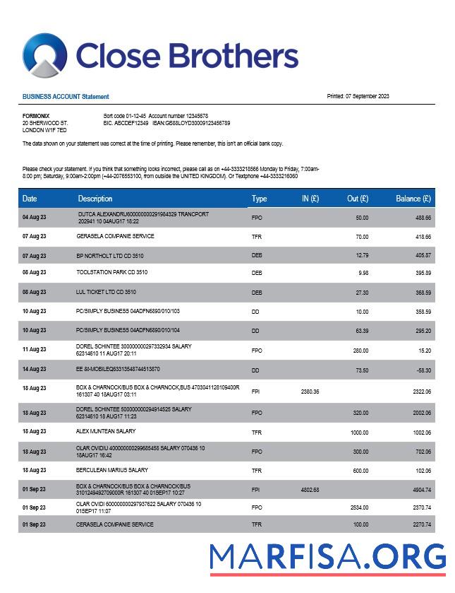 Professionell Close Brothers Bank Group Unternehmen checking Konto Kontoauszug Word and PDF Vorlage