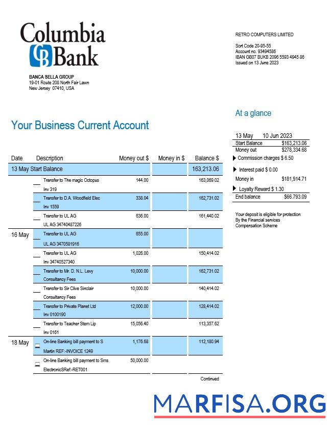 Premium Columbia Bank enterprise Konto Kontoauszug Word and PDF Vorlage