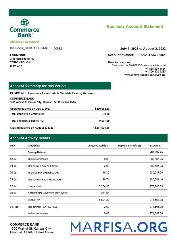 Bearbeitbar Commerce Bank firm Konto Kontoauszug Word and PDF Vorlage