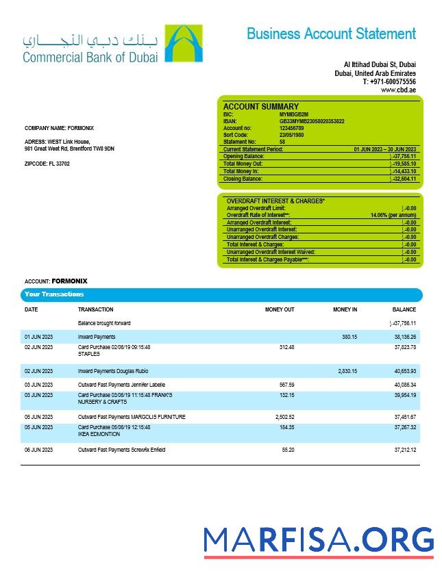 Realistisch Kommerziell Bank of Dubai Unternehmen checking Konto Kontoauszug Word and PDF Vorlage