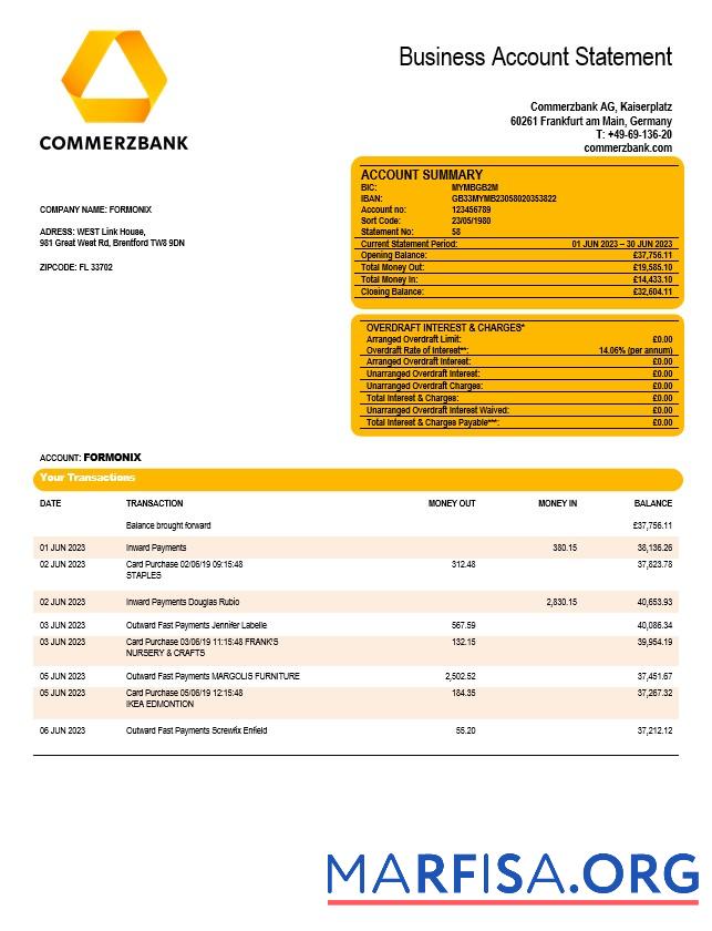 Hohe Qualität Commerzbank Unternehmen checking Konto Kontoauszug Word and PDF Vorlage