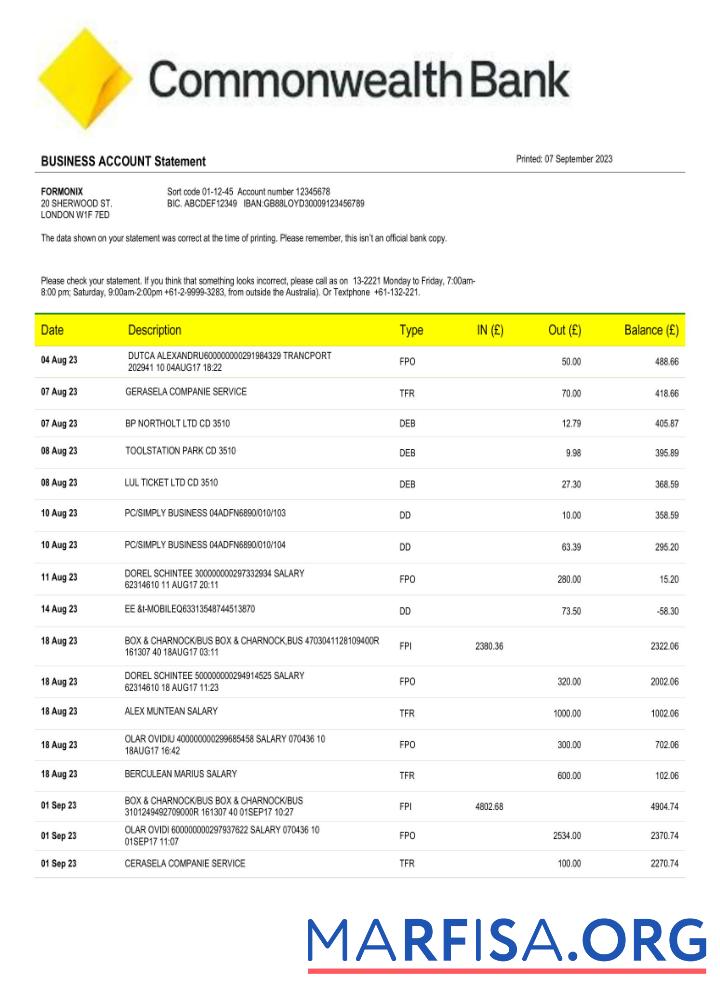 Bearbeitbar Commonwealth Bank enterprise Konto Kontoauszug Word and PDF Vorlage