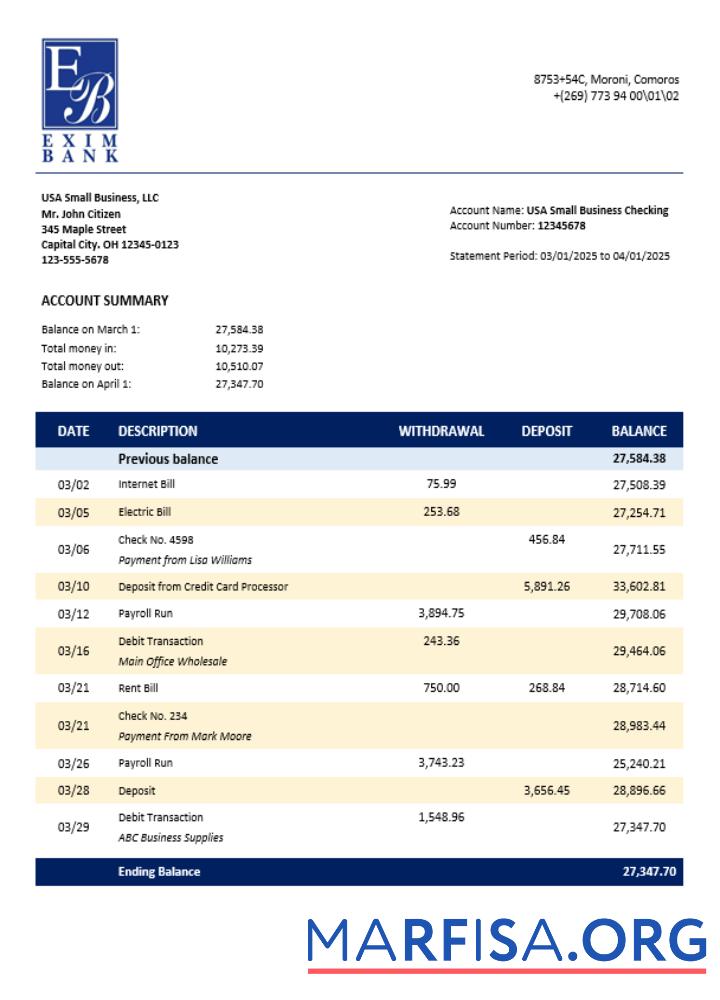Comoran Exim Bank enterprise Konto Kontoauszug Word and PDF Format Design