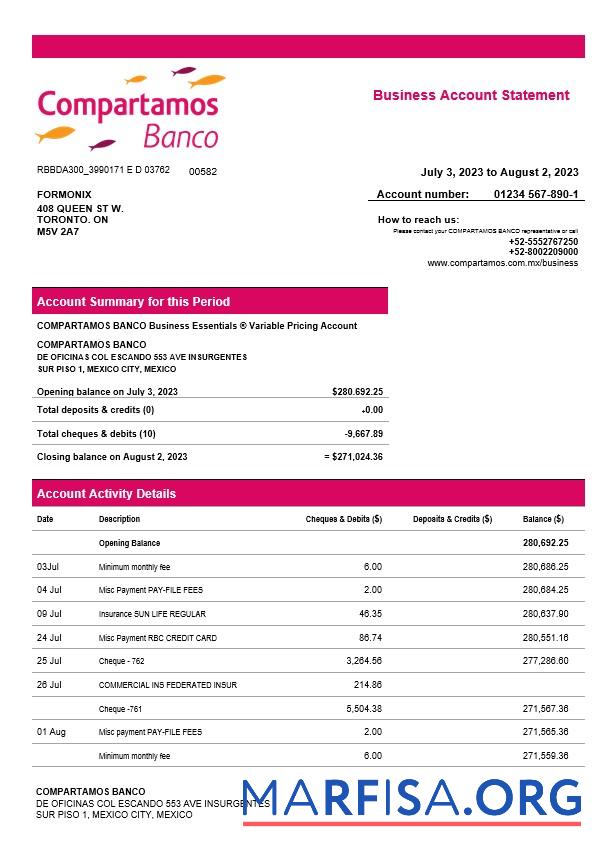 Realistisch Compartamos Banco organization Konto Kontoauszug Word and PDF Vorlage